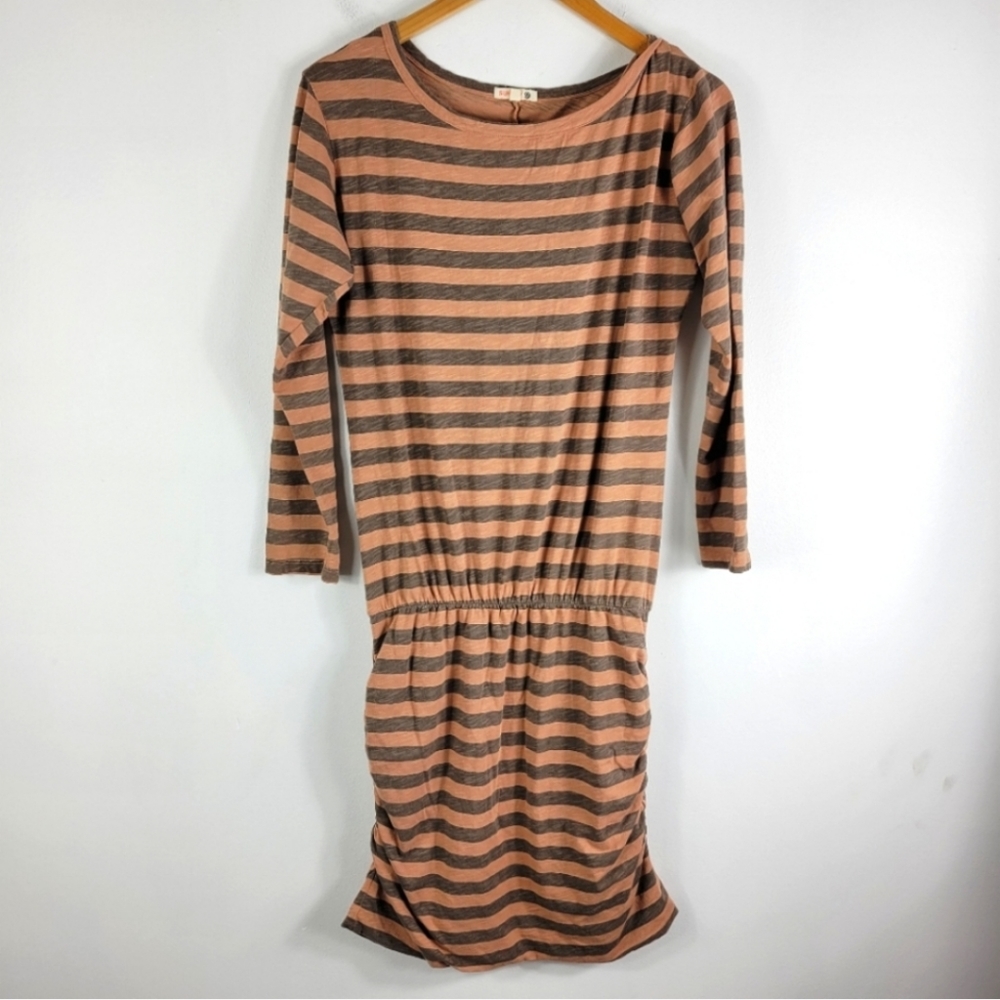 Sundry Ruched Side Striped Knit Crew Neck Long Sleeve Blouson Mini Dress